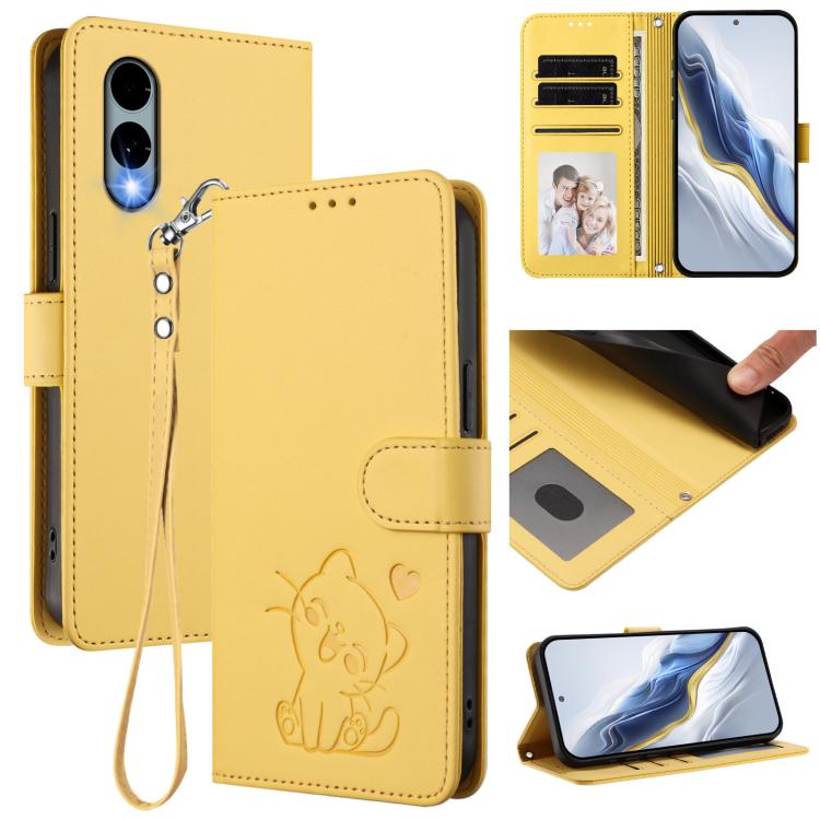 Embossed Heart Cat Leather Phone Case with Hand Strap, For Fujitsu Arrows We3, For Fujitsu Arrows Alpha F-51F, For Fujitsu FCNT RakuRaku F-53E, For Fujitsu Arrows We2, For Fujitsu Arrows We2 Plus