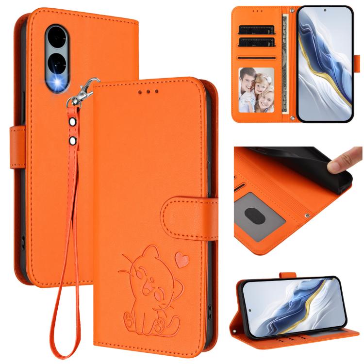 Embossed Heart Cat Leather Phone Case with Hand Strap, For Fujitsu Arrows We3, For Fujitsu Arrows Alpha F-51F, For Fujitsu FCNT RakuRaku F-53E, For Fujitsu Arrows We2, For Fujitsu Arrows We2 Plus