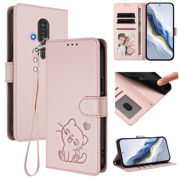 Embossed Heart Cat Leather Phone Case with Hand Strap, For Fujitsu Arrows We3, For Fujitsu Arrows Alpha F-51F, For Fujitsu FCNT RakuRaku F-53E, For Fujitsu Arrows We2, For Fujitsu Arrows We2 Plus