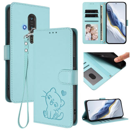 Embossed Heart Cat Leather Phone Case with Hand Strap, For Fujitsu Arrows We3, For Fujitsu Arrows Alpha F-51F, For Fujitsu FCNT RakuRaku F-53E, For Fujitsu Arrows We2, For Fujitsu Arrows We2 Plus