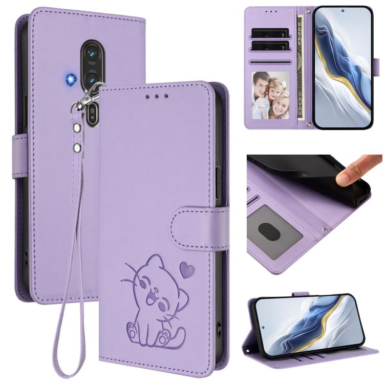 Embossed Heart Cat Leather Phone Case with Hand Strap, For Fujitsu Arrows We3, For Fujitsu Arrows Alpha F-51F, For Fujitsu FCNT RakuRaku F-53E, For Fujitsu Arrows We2, For Fujitsu Arrows We2 Plus