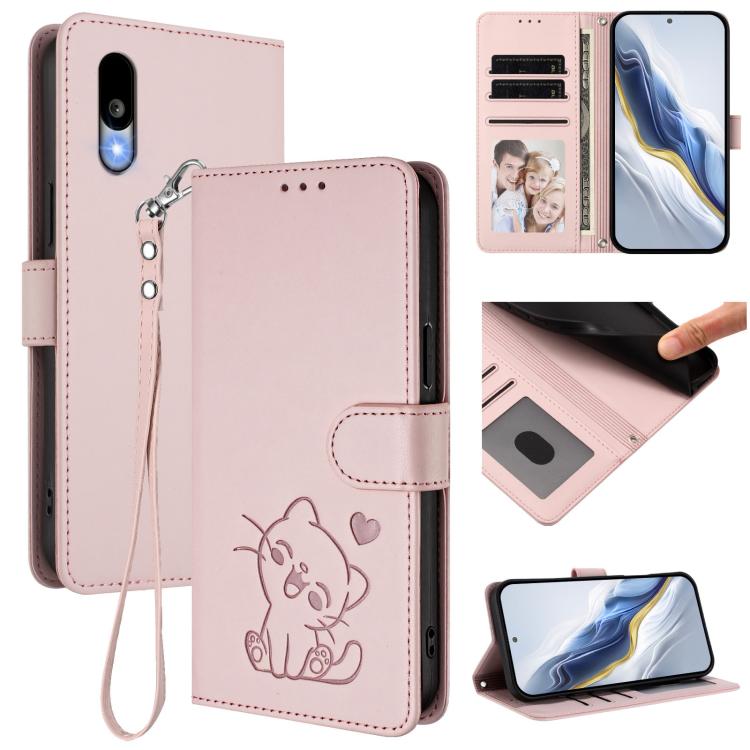 Embossed Heart Cat Leather Phone Case with Hand Strap, For Sharp Aquos wish6, For Sharp Aquos R11, For Sharp Aquos Sense 10, For Sharp Aquos R10, For Sharp Aquos wish5, For Sharp Basio Active3, For Sharp Aquos Sense9 Plus, For Sharp Aquos Sense9       ...