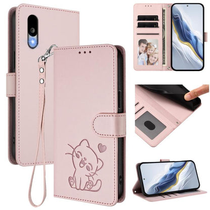 Embossed Heart Cat Leather Phone Case with Hand Strap, For Sharp Aquos wish6, For Sharp Aquos R11, For Sharp Aquos Sense 10, For Sharp Aquos R10, For Sharp Aquos wish5, For Sharp Basio Active3, For Sharp Aquos Sense9 Plus, For Sharp Aquos Sense9       ...