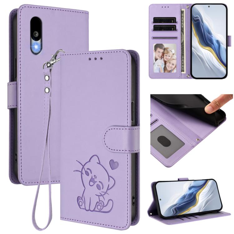 Embossed Heart Cat Leather Phone Case with Hand Strap, For Sharp Aquos wish6, For Sharp Aquos R11, For Sharp Aquos Sense 10, For Sharp Aquos R10, For Sharp Aquos wish5, For Sharp Basio Active3, For Sharp Aquos Sense9 Plus, For Sharp Aquos Sense9       ...