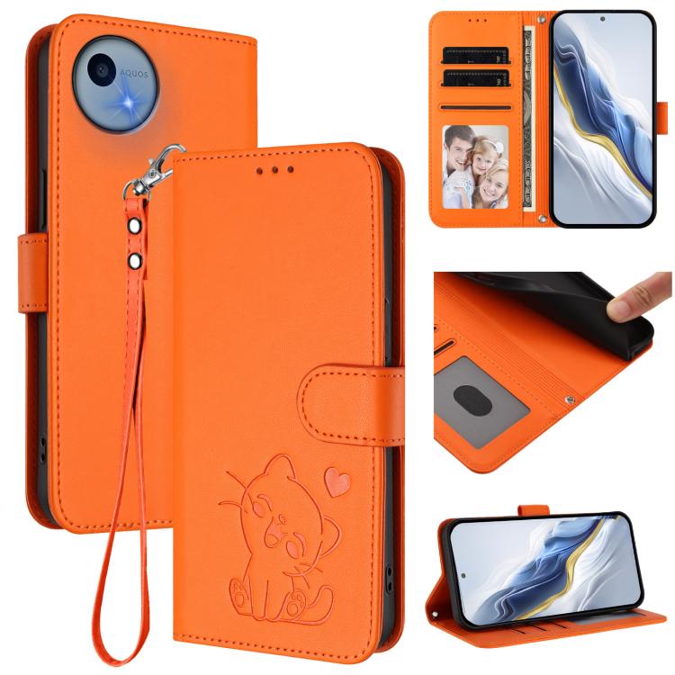 Embossed Heart Cat Leather Phone Case with Hand Strap, For Sharp Aquos wish6, For Sharp Aquos R11, For Sharp Aquos Sense 10, For Sharp Aquos R10, For Sharp Aquos wish5, For Sharp Basio Active3, For Sharp Aquos Sense9 Plus, For Sharp Aquos Sense9       ...