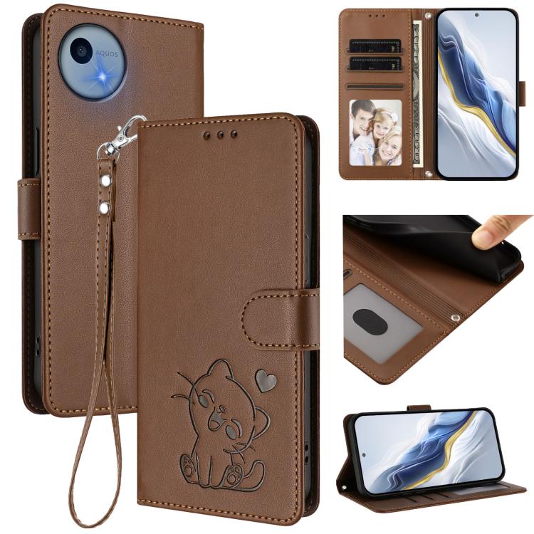 Embossed Heart Cat Leather Phone Case with Hand Strap, For Sharp Aquos wish6, For Sharp Aquos R11, For Sharp Aquos Sense 10, For Sharp Aquos R10, For Sharp Aquos wish5, For Sharp Basio Active3, For Sharp Aquos Sense9 Plus, For Sharp Aquos Sense9       ...