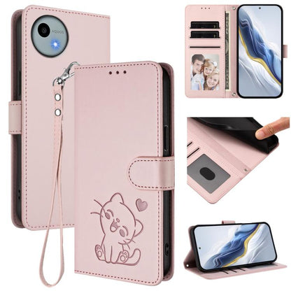 Embossed Heart Cat Leather Phone Case with Hand Strap, For Sharp Aquos wish4, For Sharp Aquos R9, For Sharp Aquos Sense8 SHG11 / SH-54D, For Sharp Aquos wish3, For Sharp Aquos R7