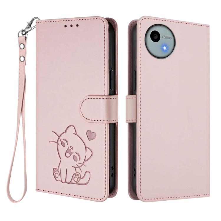 Embossed Heart Cat Leather Phone Case with Hand Strap, For Sharp Aquos wish4, For Sharp Aquos R9, For Sharp Aquos Sense8 SHG11 / SH-54D, For Sharp Aquos wish3, For Sharp Aquos R7