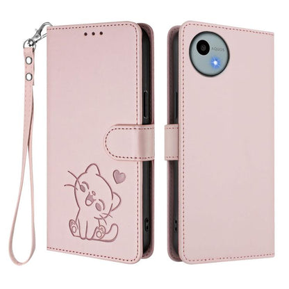 Embossed Heart Cat Leather Phone Case with Hand Strap, For Sharp Aquos wish4, For Sharp Aquos R9, For Sharp Aquos Sense8 SHG11 / SH-54D, For Sharp Aquos wish3, For Sharp Aquos R7