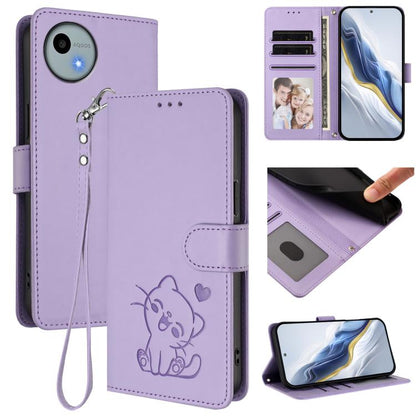 Embossed Heart Cat Leather Phone Case with Hand Strap, For Sharp Aquos wish4, For Sharp Aquos R9, For Sharp Aquos Sense8 SHG11 / SH-54D, For Sharp Aquos wish3, For Sharp Aquos R7