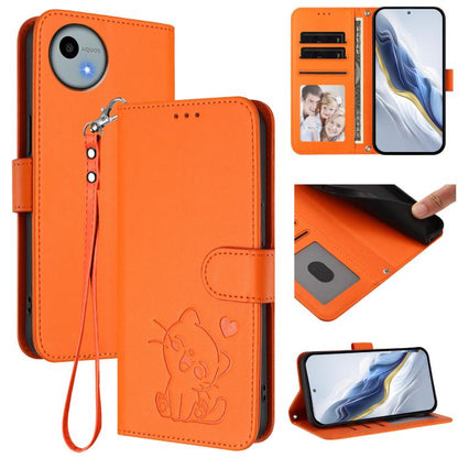Embossed Heart Cat Leather Phone Case with Hand Strap, For Sharp Aquos wish4, For Sharp Aquos R9, For Sharp Aquos Sense8 SHG11 / SH-54D, For Sharp Aquos wish3, For Sharp Aquos R7