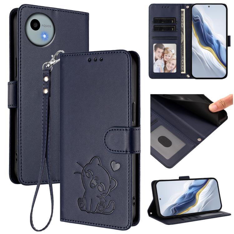 Embossed Heart Cat Leather Phone Case with Hand Strap, For Sharp Aquos wish4, For Sharp Aquos R9, For Sharp Aquos Sense8 SHG11 / SH-54D, For Sharp Aquos wish3, For Sharp Aquos R7