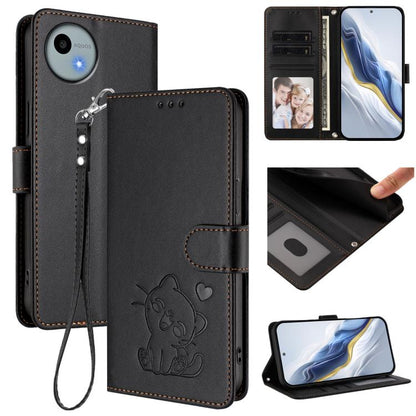 Embossed Heart Cat Leather Phone Case with Hand Strap, For Sharp Aquos wish4, For Sharp Aquos R9, For Sharp Aquos Sense8 SHG11 / SH-54D, For Sharp Aquos wish3, For Sharp Aquos R7