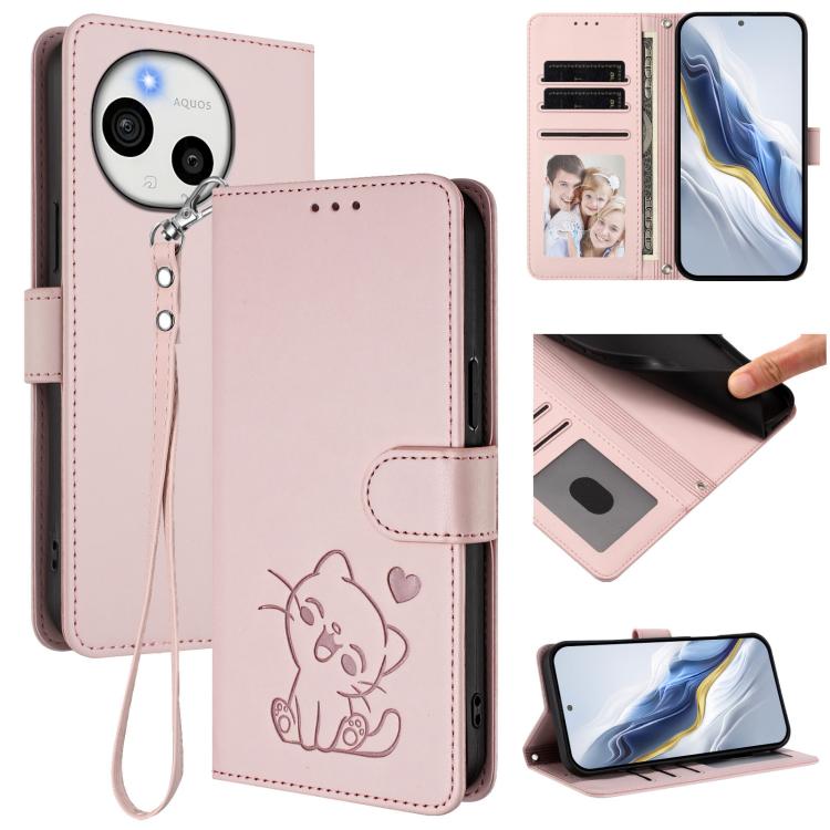 Embossed Heart Cat Leather Phone Case with Hand Strap, For Sharp Aquos wish6, For Sharp Aquos R11, For Sharp Aquos Sense 10, For Sharp Aquos R10, For Sharp Aquos wish5, For Sharp Basio Active3, For Sharp Aquos Sense9 Plus, For Sharp Aquos Sense9       ...