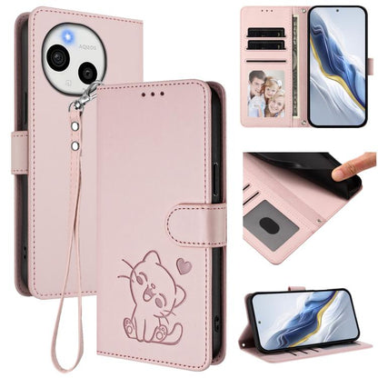 Embossed Heart Cat Leather Phone Case with Hand Strap, For Sharp Aquos wish6, For Sharp Aquos R11, For Sharp Aquos Sense 10, For Sharp Aquos R10, For Sharp Aquos wish5, For Sharp Basio Active3, For Sharp Aquos Sense9 Plus, For Sharp Aquos Sense9       ...