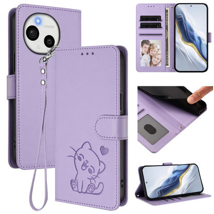 Embossed Heart Cat Leather Phone Case with Hand Strap, For Sharp Aquos wish6, For Sharp Aquos R11, For Sharp Aquos Sense 10, For Sharp Aquos R10, For Sharp Aquos wish5, For Sharp Basio Active3, For Sharp Aquos Sense9 Plus, For Sharp Aquos Sense9       ...