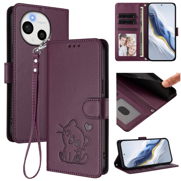 Embossed Heart Cat Leather Phone Case with Hand Strap, For Sharp Aquos wish6, For Sharp Aquos R11, For Sharp Aquos Sense 10, For Sharp Aquos R10, For Sharp Aquos wish5, For Sharp Basio Active3, For Sharp Aquos Sense9 Plus, For Sharp Aquos Sense9       ...