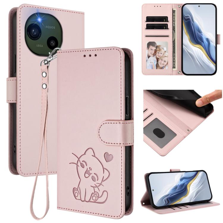 Embossed Heart Cat Leather Phone Case with Hand Strap, For Sharp Aquos wish6, For Sharp Aquos R11, For Sharp Aquos Sense 10, For Sharp Aquos R10, For Sharp Aquos wish5, For Sharp Basio Active3, For Sharp Aquos Sense9 Plus, For Sharp Aquos Sense9       ...