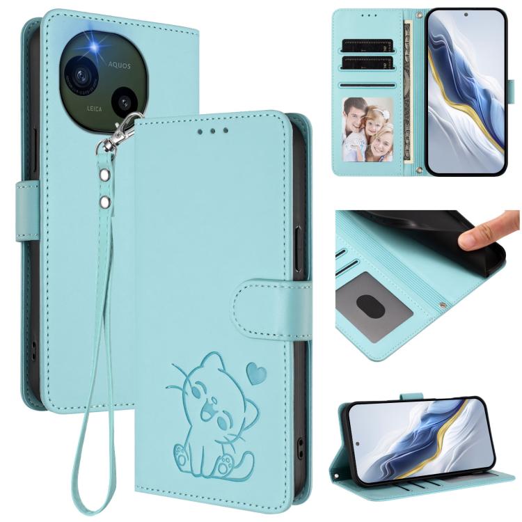 Embossed Heart Cat Leather Phone Case with Hand Strap, For Sharp Aquos wish6, For Sharp Aquos R11, For Sharp Aquos Sense 10, For Sharp Aquos R10, For Sharp Aquos wish5, For Sharp Basio Active3, For Sharp Aquos Sense9 Plus, For Sharp Aquos Sense9       ...