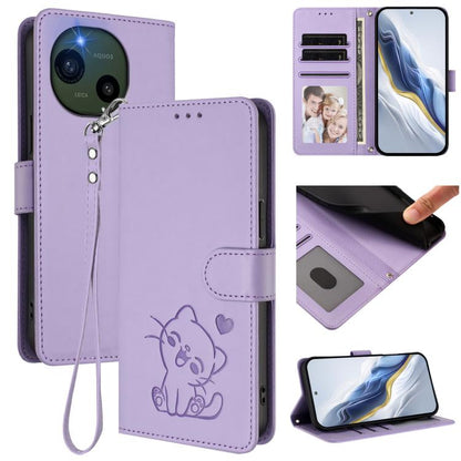 Embossed Heart Cat Leather Phone Case with Hand Strap, For Sharp Aquos wish6, For Sharp Aquos R11, For Sharp Aquos Sense 10, For Sharp Aquos R10, For Sharp Aquos wish5, For Sharp Basio Active3, For Sharp Aquos Sense9 Plus, For Sharp Aquos Sense9       ...
