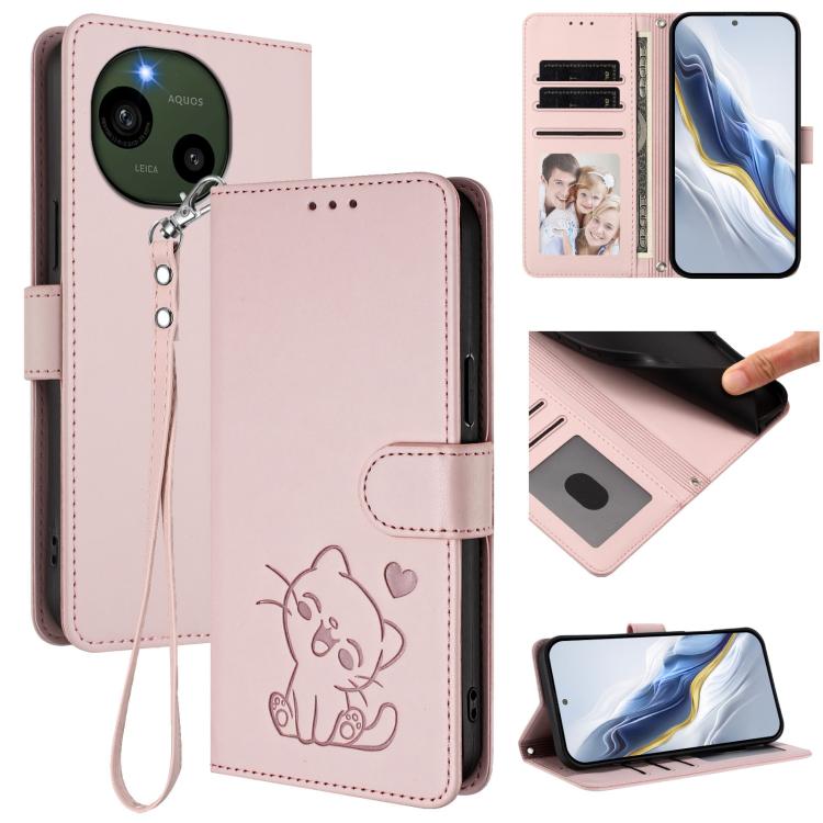 Embossed Heart Cat Leather Phone Case with Hand Strap, For Sharp Aquos wish4, For Sharp Aquos R9, For Sharp Aquos Sense8 SHG11 / SH-54D, For Sharp Aquos wish3, For Sharp Aquos R7