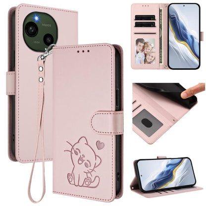 Embossed Heart Cat Leather Phone Case with Hand Strap, For Sharp Aquos wish4, For Sharp Aquos R9, For Sharp Aquos Sense8 SHG11 / SH-54D, For Sharp Aquos wish3, For Sharp Aquos R7
