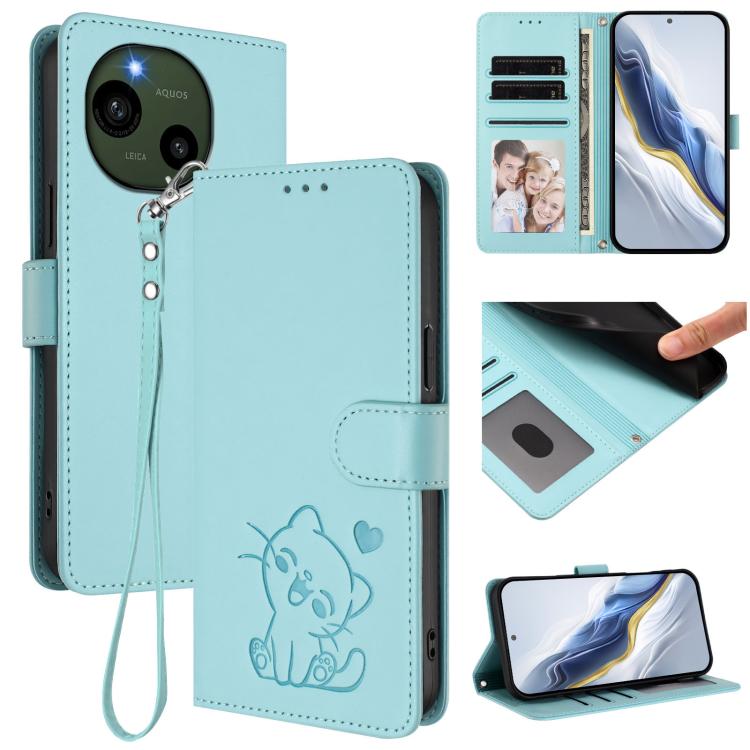Embossed Heart Cat Leather Phone Case with Hand Strap, For Sharp Aquos wish4, For Sharp Aquos R9, For Sharp Aquos Sense8 SHG11 / SH-54D, For Sharp Aquos wish3, For Sharp Aquos R7