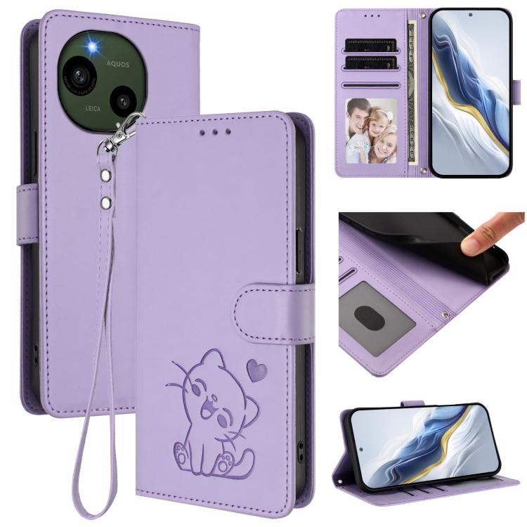 Embossed Heart Cat Leather Phone Case with Hand Strap, For Sharp Aquos wish4, For Sharp Aquos R9, For Sharp Aquos Sense8 SHG11 / SH-54D, For Sharp Aquos wish3, For Sharp Aquos R7