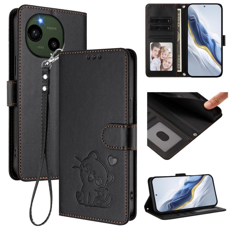 Embossed Heart Cat Leather Phone Case with Hand Strap, For Sharp Aquos wish4, For Sharp Aquos R9, For Sharp Aquos Sense8 SHG11 / SH-54D, For Sharp Aquos wish3, For Sharp Aquos R7