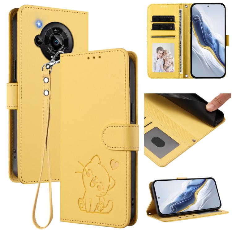 Embossed Heart Cat Leather Phone Case with Hand Strap, For Sharp Aquos wish4, For Sharp Aquos R9, For Sharp Aquos Sense8 SHG11 / SH-54D, For Sharp Aquos wish3, For Sharp Aquos R7