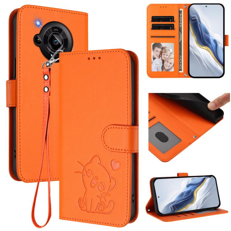 Embossed Heart Cat Leather Phone Case with Hand Strap, For Sharp Aquos wish4, For Sharp Aquos R9, For Sharp Aquos Sense8 SHG11 / SH-54D, For Sharp Aquos wish3, For Sharp Aquos R7