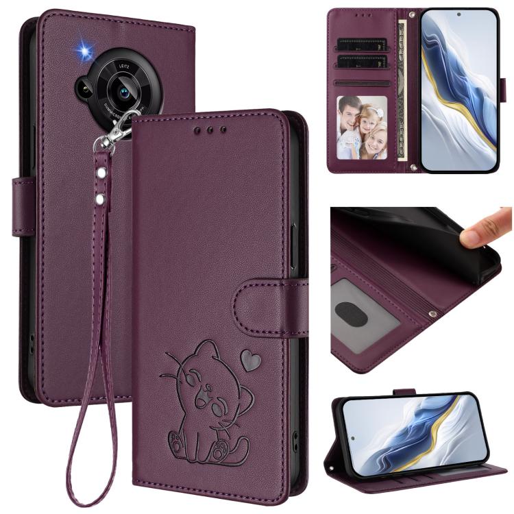 Embossed Heart Cat Leather Phone Case with Hand Strap, For Sharp Aquos wish4, For Sharp Aquos R9, For Sharp Aquos Sense8 SHG11 / SH-54D, For Sharp Aquos wish3, For Sharp Aquos R7