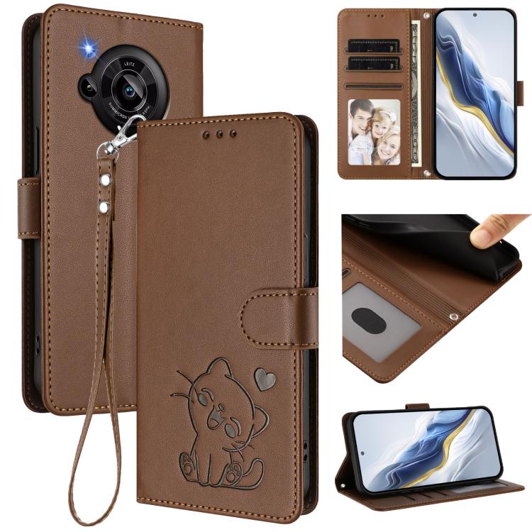 Embossed Heart Cat Leather Phone Case with Hand Strap, For Sharp Aquos wish4, For Sharp Aquos R9, For Sharp Aquos Sense8 SHG11 / SH-54D, For Sharp Aquos wish3, For Sharp Aquos R7