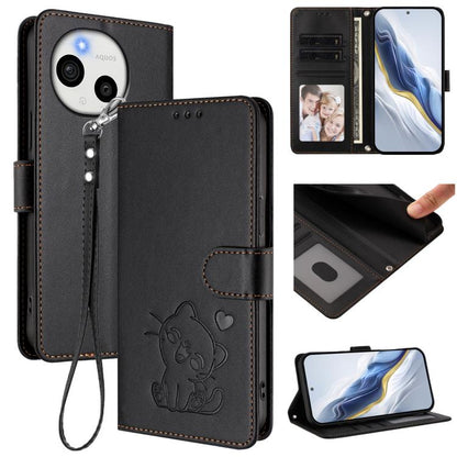 Embossed Heart Cat Leather Phone Case with Hand Strap, For Sharp Aquos wish6, For Sharp Aquos R11, For Sharp Aquos Sense 10, For Sharp Aquos R10, For Sharp Aquos wish5, For Sharp Basio Active3, For Sharp Aquos Sense9 Plus, For Sharp Aquos Sense9       ...