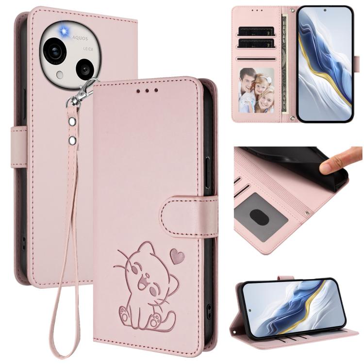 Embossed Heart Cat Leather Phone Case with Hand Strap, For Sharp Aquos wish6, For Sharp Aquos R11, For Sharp Aquos Sense 10, For Sharp Aquos R10, For Sharp Aquos wish5, For Sharp Basio Active3, For Sharp Aquos Sense9 Plus, For Sharp Aquos Sense9       ...