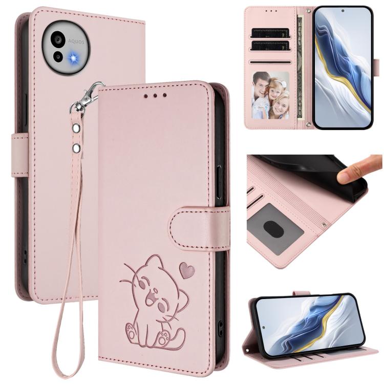 Embossed Heart Cat Leather Phone Case with Hand Strap, For Sharp Aquos wish6, For Sharp Aquos R11, For Sharp Aquos Sense 10, For Sharp Aquos R10, For Sharp Aquos wish5, For Sharp Basio Active3, For Sharp Aquos Sense9 Plus, For Sharp Aquos Sense9       ...