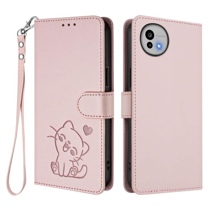 Embossed Heart Cat Leather Phone Case with Hand Strap, For Sharp Aquos wish6, For Sharp Aquos R11, For Sharp Aquos Sense 10, For Sharp Aquos R10, For Sharp Aquos wish5, For Sharp Basio Active3, For Sharp Aquos Sense9 Plus, For Sharp Aquos Sense9       ...