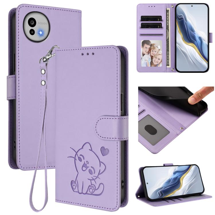 Embossed Heart Cat Leather Phone Case with Hand Strap, For Sharp Aquos wish6, For Sharp Aquos R11, For Sharp Aquos Sense 10, For Sharp Aquos R10, For Sharp Aquos wish5, For Sharp Basio Active3, For Sharp Aquos Sense9 Plus, For Sharp Aquos Sense9       ...