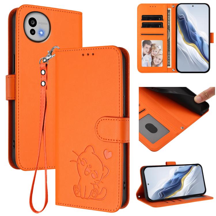 Embossed Heart Cat Leather Phone Case with Hand Strap, For Sharp Aquos wish6, For Sharp Aquos R11, For Sharp Aquos Sense 10, For Sharp Aquos R10, For Sharp Aquos wish5, For Sharp Basio Active3, For Sharp Aquos Sense9 Plus, For Sharp Aquos Sense9       ...