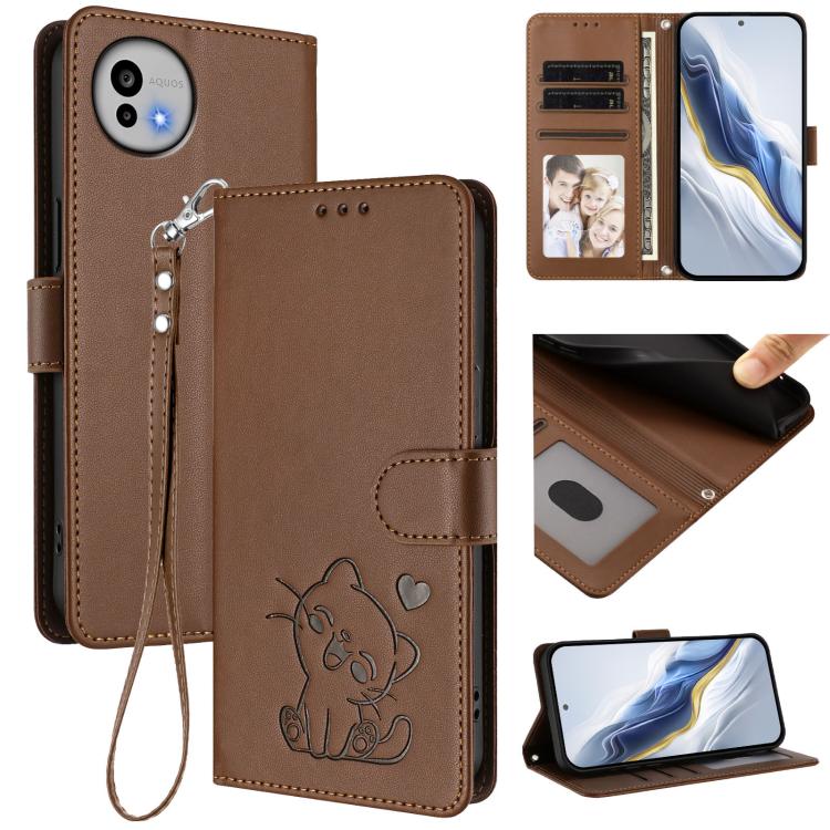 Embossed Heart Cat Leather Phone Case with Hand Strap, For Sharp Aquos wish6, For Sharp Aquos R11, For Sharp Aquos Sense 10, For Sharp Aquos R10, For Sharp Aquos wish5, For Sharp Basio Active3, For Sharp Aquos Sense9 Plus, For Sharp Aquos Sense9       ...