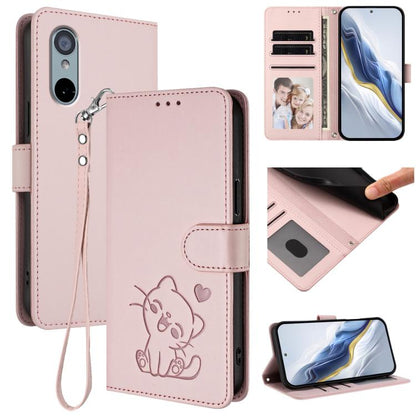 Embossed Heart Cat Leather Phone Case with Hand Strap, For Sharp Aquos wish4, For Sharp Aquos R9, For Sharp Aquos Sense8 SHG11 / SH-54D, For Sharp Aquos wish3, For Sharp Aquos R7