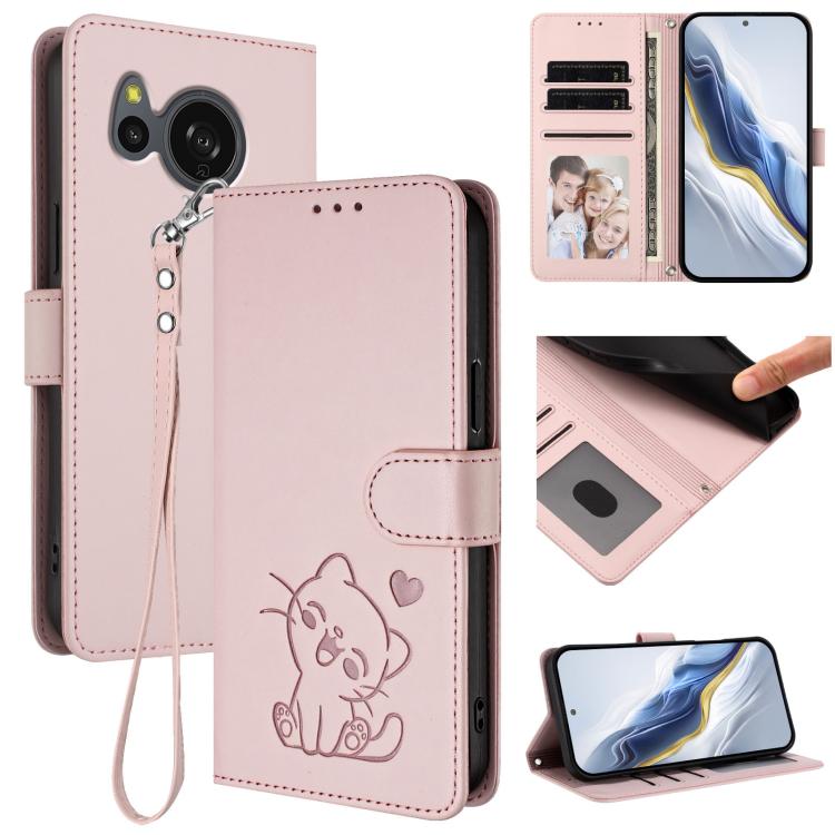 Embossed Heart Cat Leather Phone Case with Hand Strap, For Sharp Aquos wish4, For Sharp Aquos R9, For Sharp Aquos Sense8 SHG11 / SH-54D, For Sharp Aquos wish3, For Sharp Aquos R7