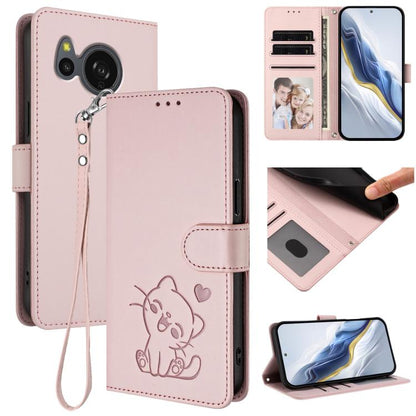 Embossed Heart Cat Leather Phone Case with Hand Strap, For Sharp Aquos wish4, For Sharp Aquos R9, For Sharp Aquos Sense8 SHG11 / SH-54D, For Sharp Aquos wish3, For Sharp Aquos R7