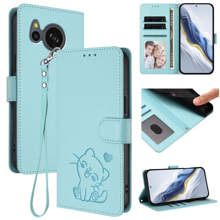 Embossed Heart Cat Leather Phone Case with Hand Strap, For Sharp Aquos wish4, For Sharp Aquos R9, For Sharp Aquos Sense8 SHG11 / SH-54D, For Sharp Aquos wish3, For Sharp Aquos R7