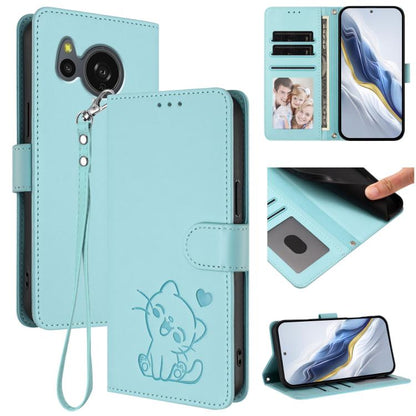 Embossed Heart Cat Leather Phone Case with Hand Strap, For Sharp Aquos wish4, For Sharp Aquos R9, For Sharp Aquos Sense8 SHG11 / SH-54D, For Sharp Aquos wish3, For Sharp Aquos R7
