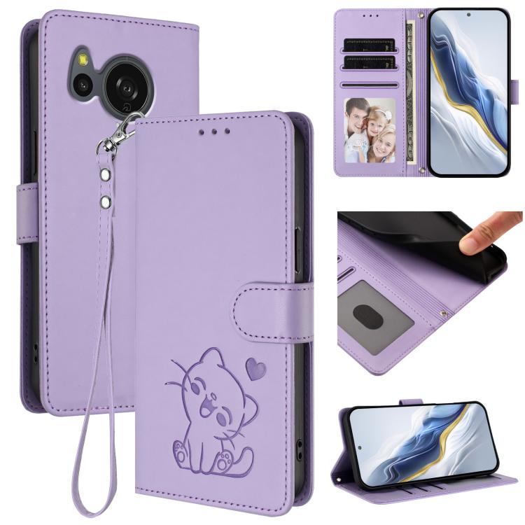 Embossed Heart Cat Leather Phone Case with Hand Strap, For Sharp Aquos wish4, For Sharp Aquos R9, For Sharp Aquos Sense8 SHG11 / SH-54D, For Sharp Aquos wish3, For Sharp Aquos R7