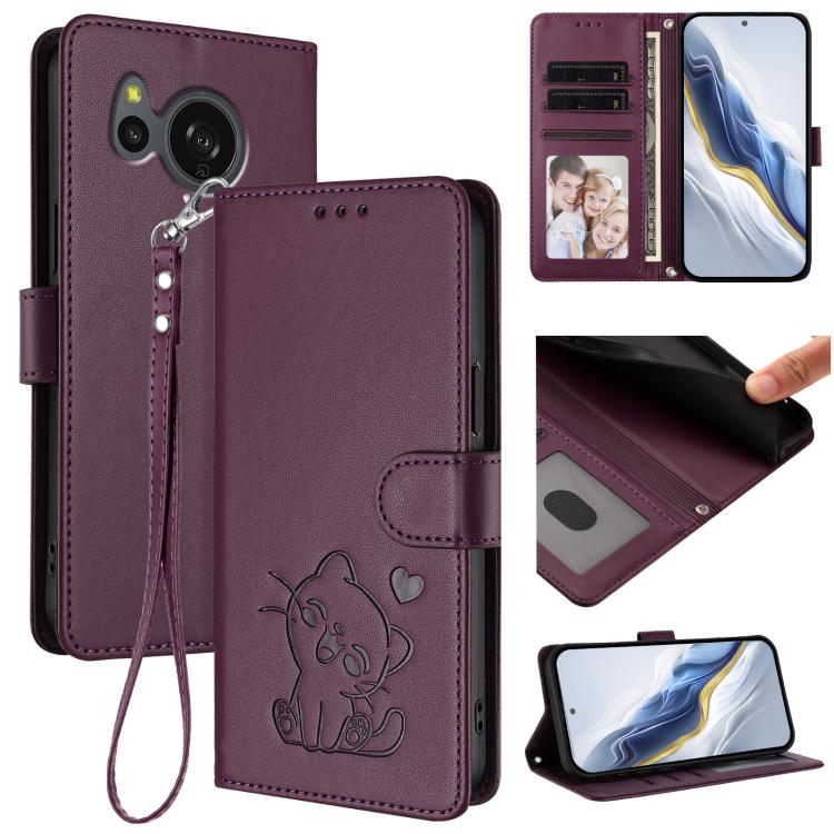 Embossed Heart Cat Leather Phone Case with Hand Strap, For Sharp Aquos wish4, For Sharp Aquos R9, For Sharp Aquos Sense8 SHG11 / SH-54D, For Sharp Aquos wish3, For Sharp Aquos R7