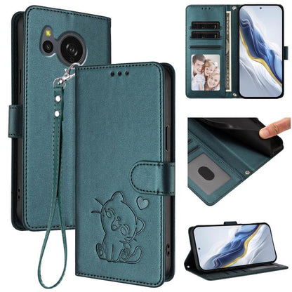 Embossed Heart Cat Leather Phone Case with Hand Strap, For Sharp Aquos wish4, For Sharp Aquos R9, For Sharp Aquos Sense8 SHG11 / SH-54D, For Sharp Aquos wish3, For Sharp Aquos R7