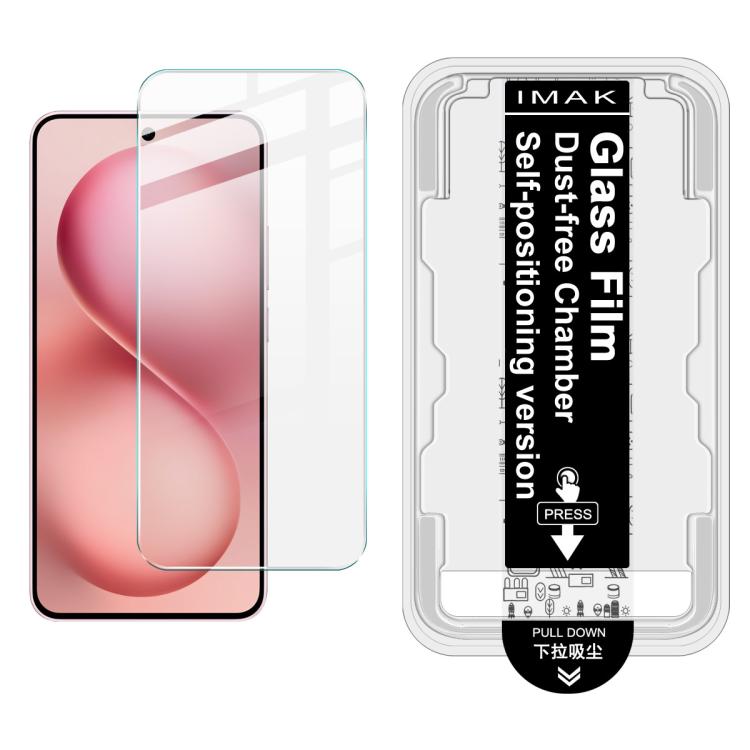 Tempered glass screen protector kit with install frame; clear film on pink phone screen.