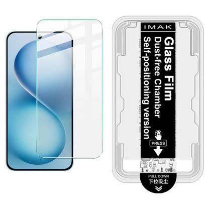 Tempered glass screen protector kit with install frame; clear film on blue phone screen.